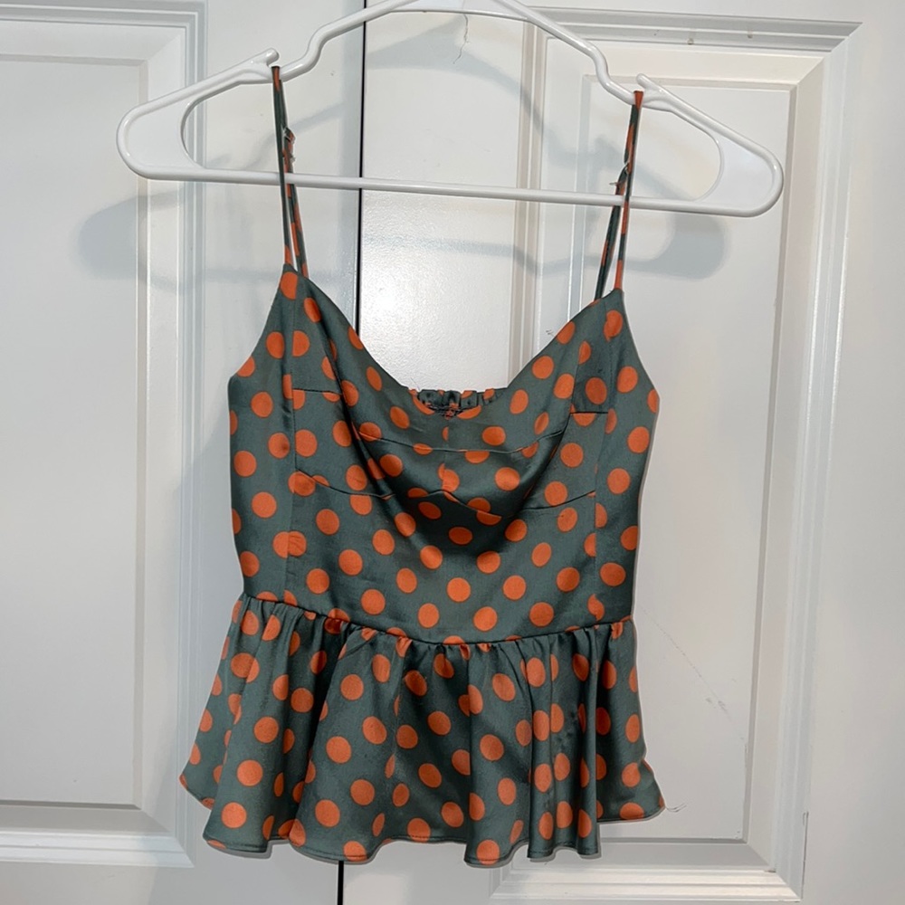 Zara green and orange polka dock peplum blouse